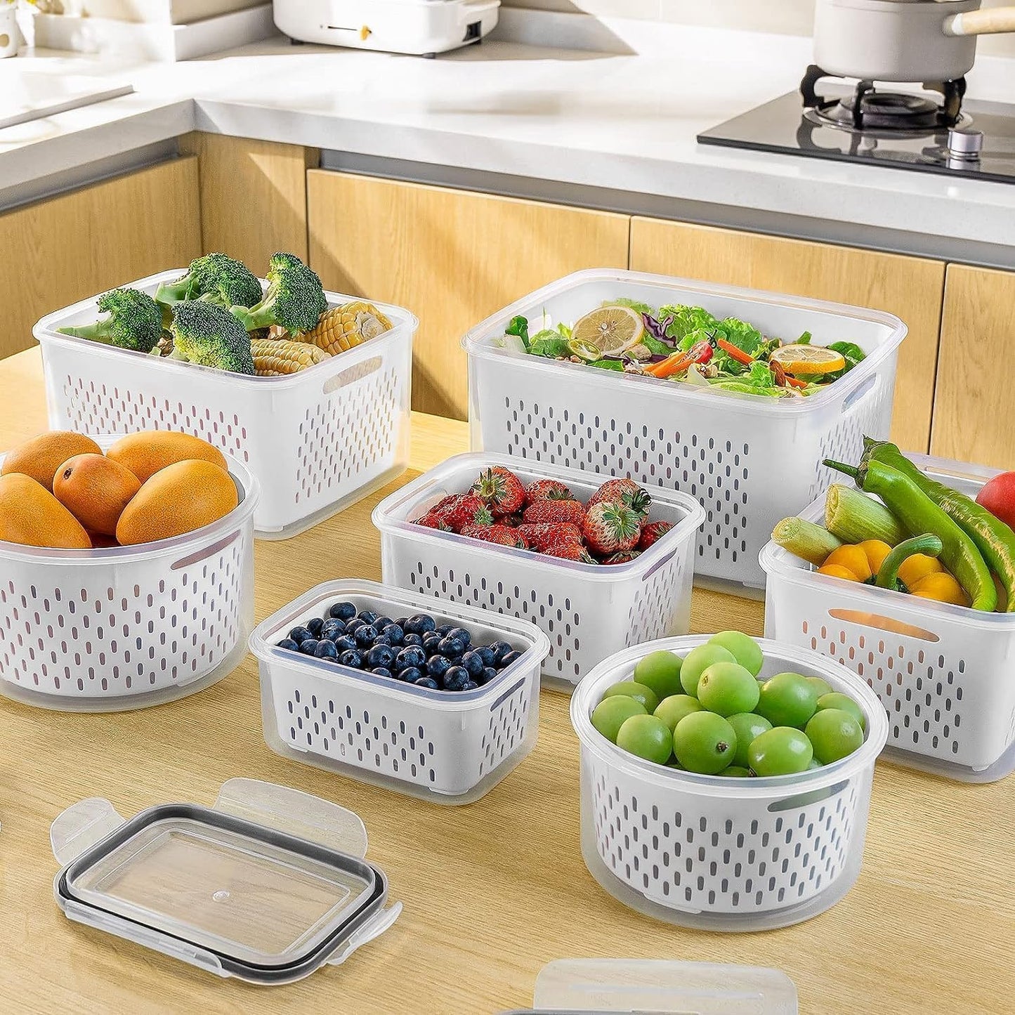 FreshLock™ 5-Piece Fruit & Produce Saver Set – Leakproof Fridge Storage with Built-In Colanders