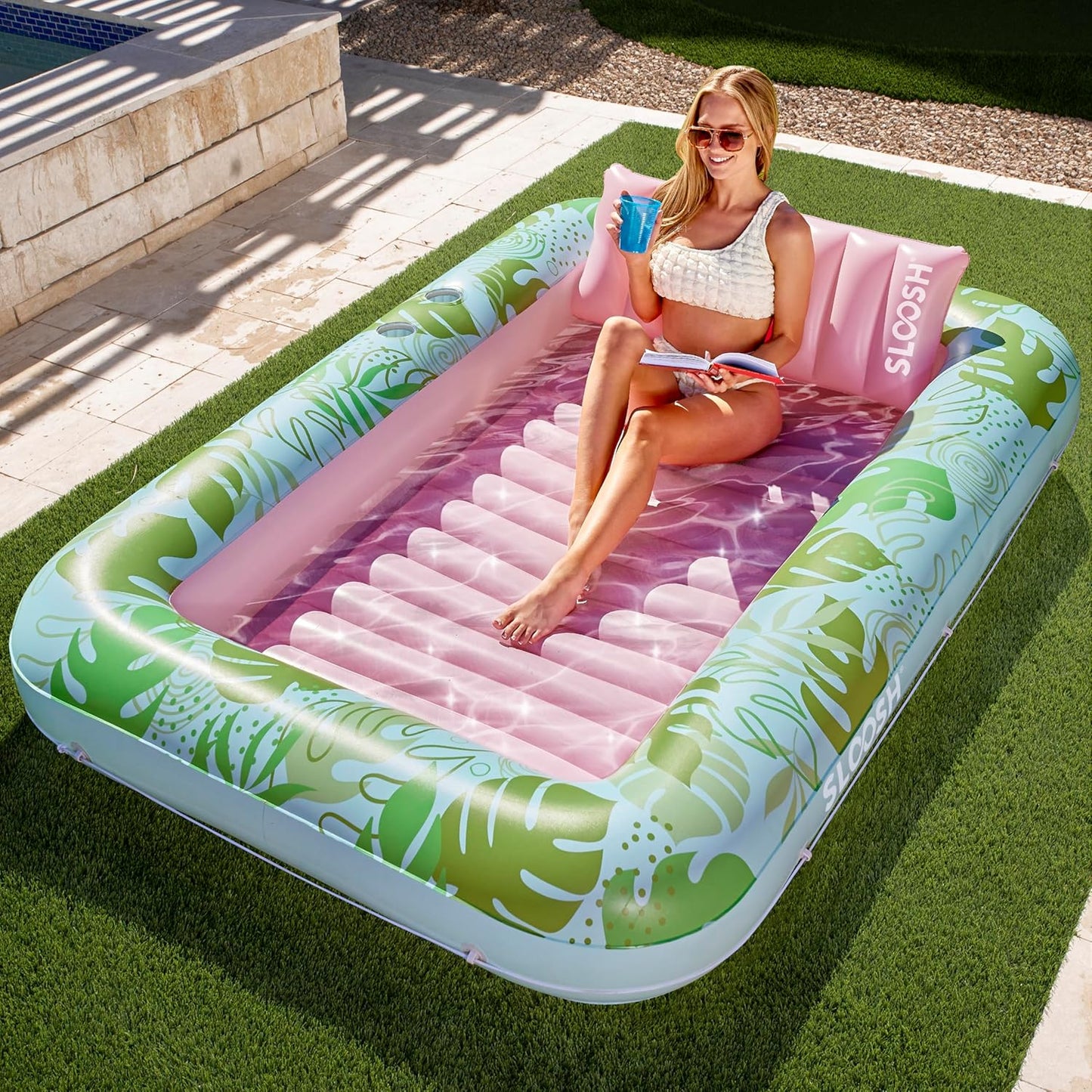 SunLuxe 4-in-1 Inflatable Tanning Pool Lounger – XL Floating Lounge Bed with Pillow, Party-Ready & Poolside Perfect