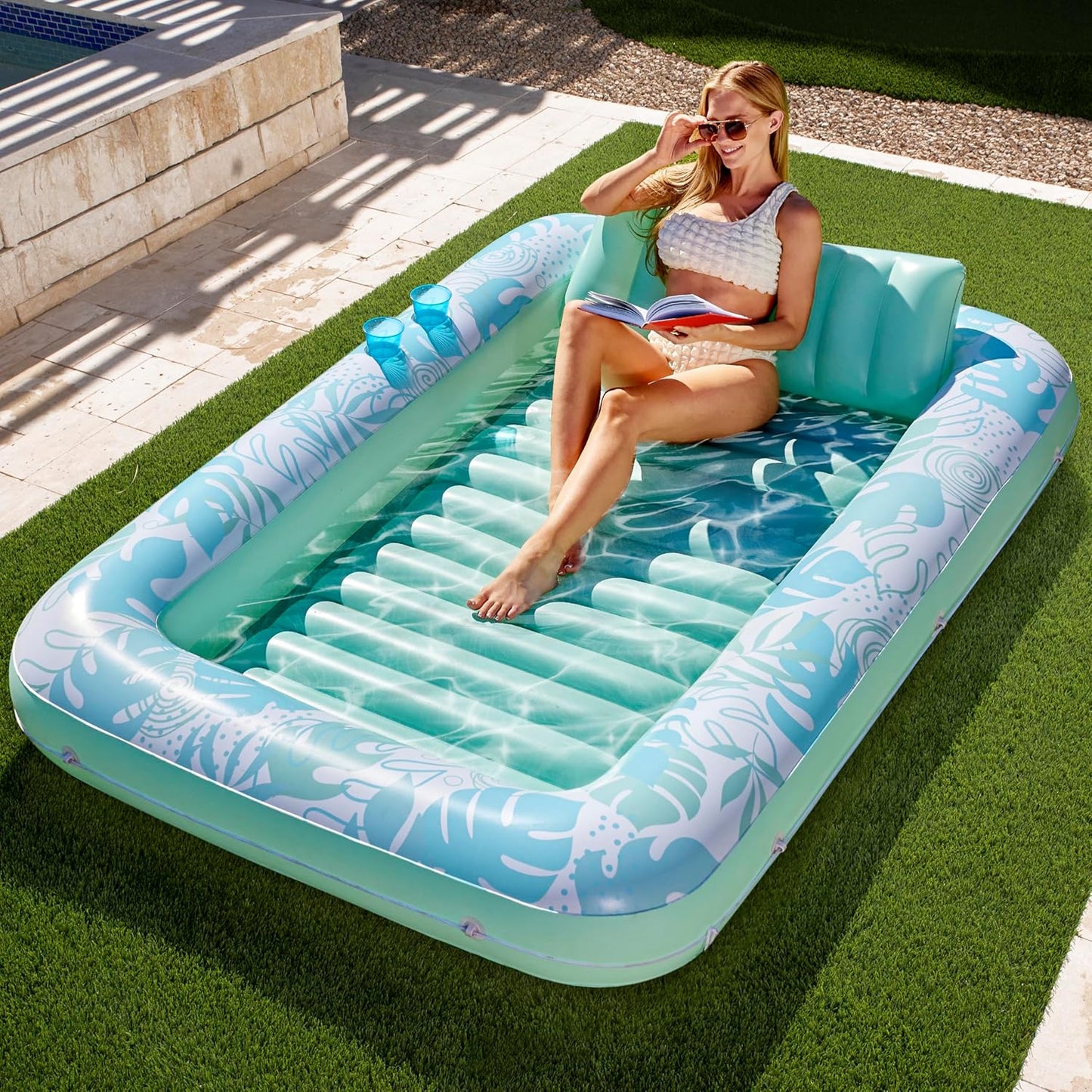 SunLuxe 4-in-1 Inflatable Tanning Pool Lounger – XL Floating Lounge Bed with Pillow, Party-Ready & Poolside Perfect