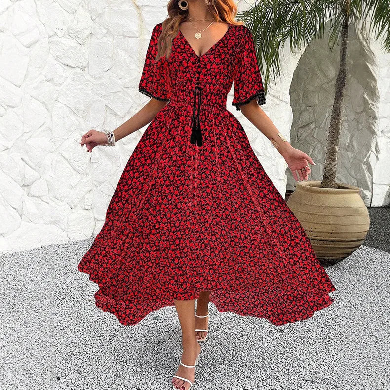 Velvet Bloom V-neck Pleated Boho Dress