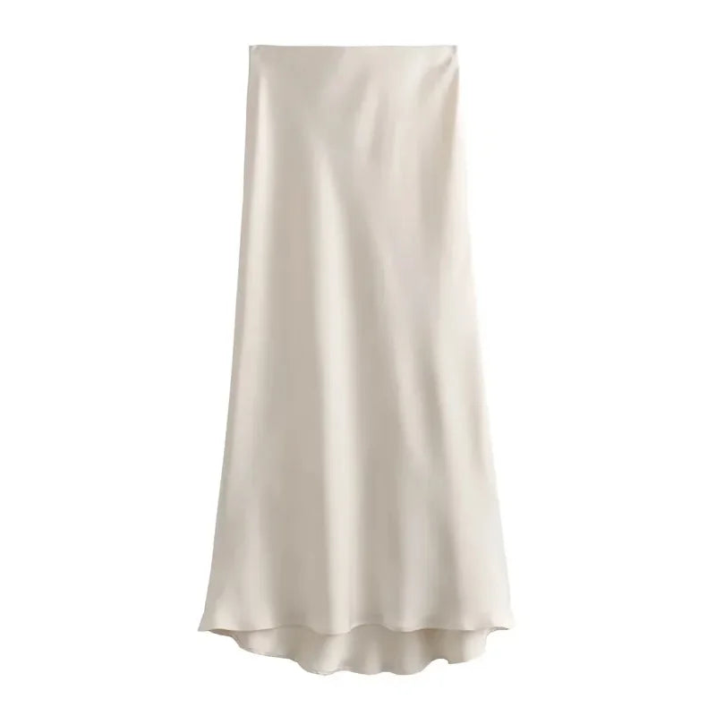 SilkCharm-High-Waist Satin Midi Skirt