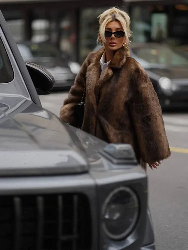 PlushElegance-Women's Dark Brown Faux Fur Overcoat
