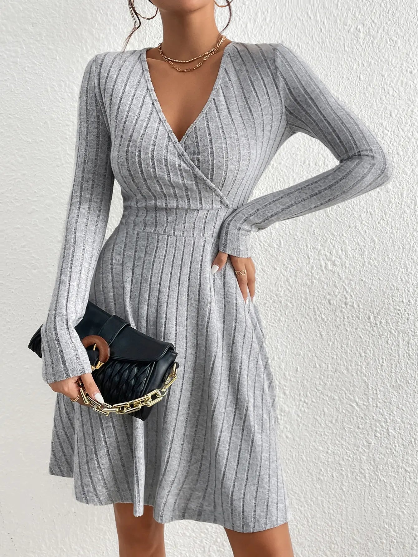 Autumn/Winter V-Neck Knit Bodycon Dress