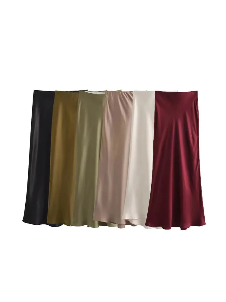 SilkCharm-High-Waist Satin Midi Skirt