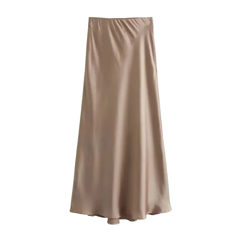 SilkCharm-High-Waist Satin Midi Skirt