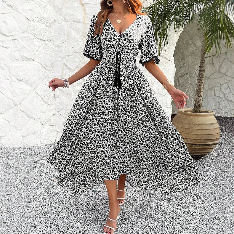 Velvet Bloom V-neck Pleated Boho Dress