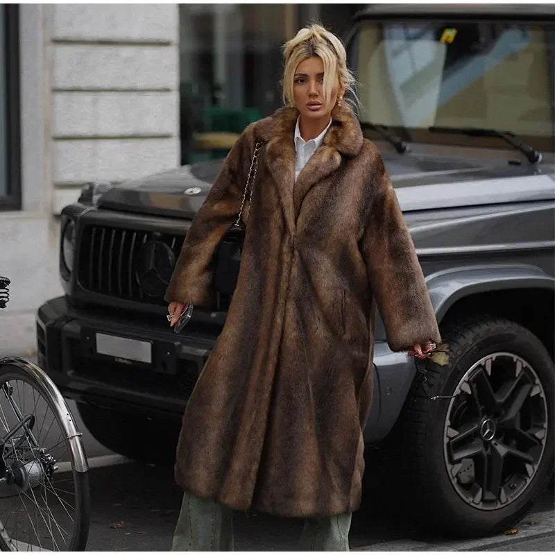 PlushElegance-Women's Dark Brown Faux Fur Overcoat
