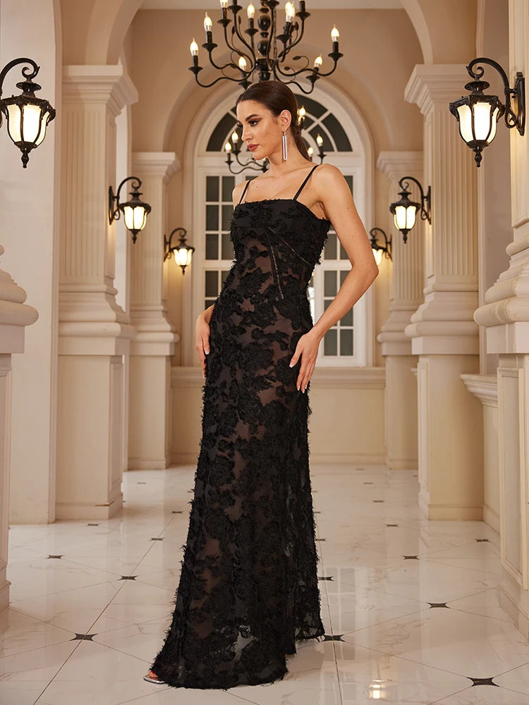 Elegance in Motion: Black Maxi Appliqué Formal Party Dress for Women