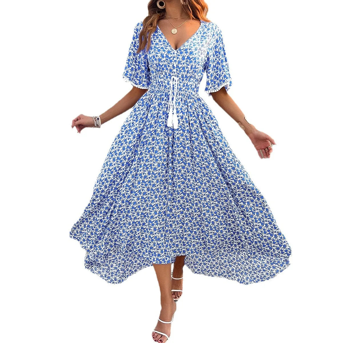 Velvet Bloom V-neck Pleated Boho Dress