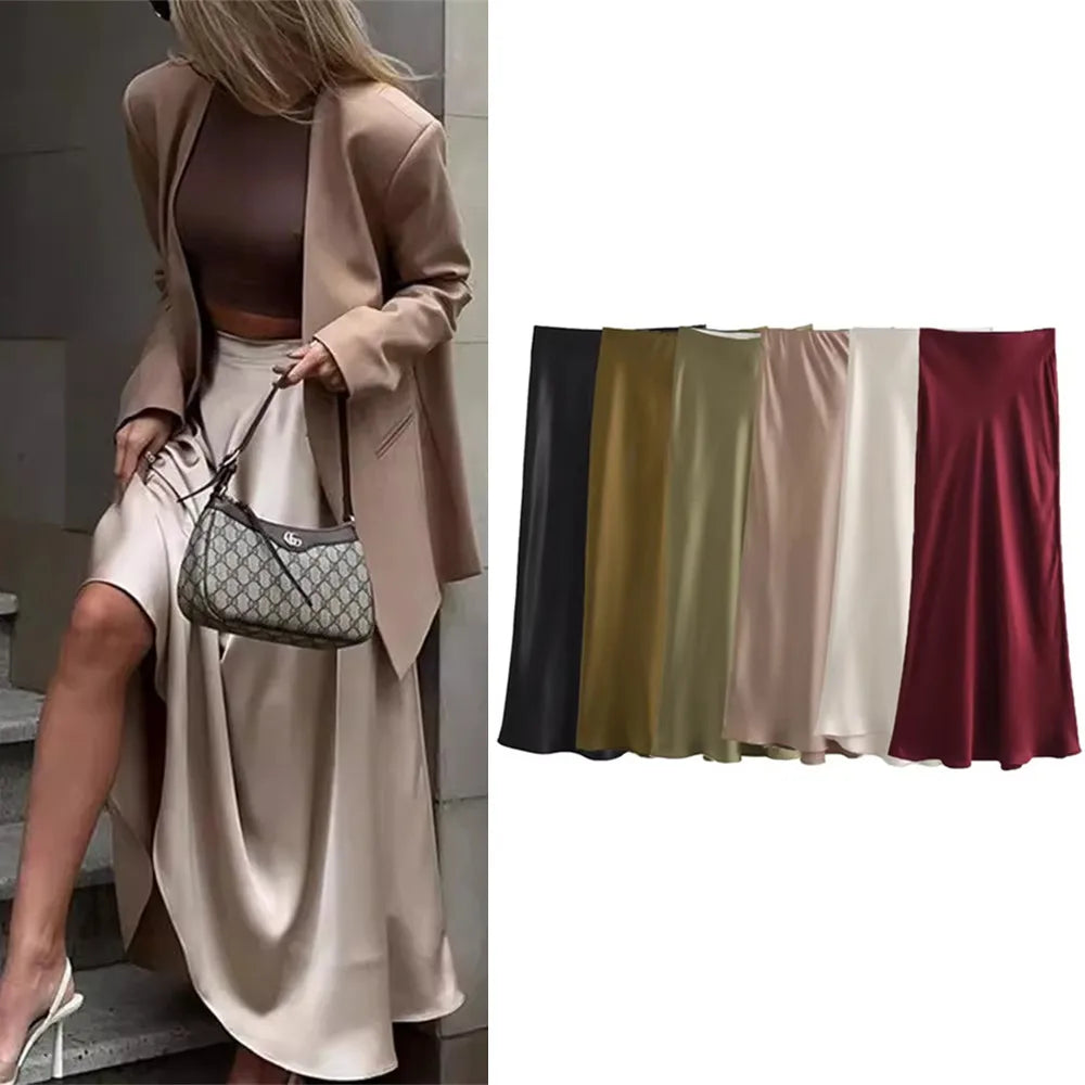 SilkCharm-High-Waist Satin Midi Skirt