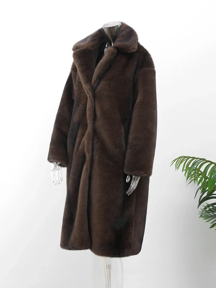 PlushElegance-Women's Dark Brown Faux Fur Overcoat
