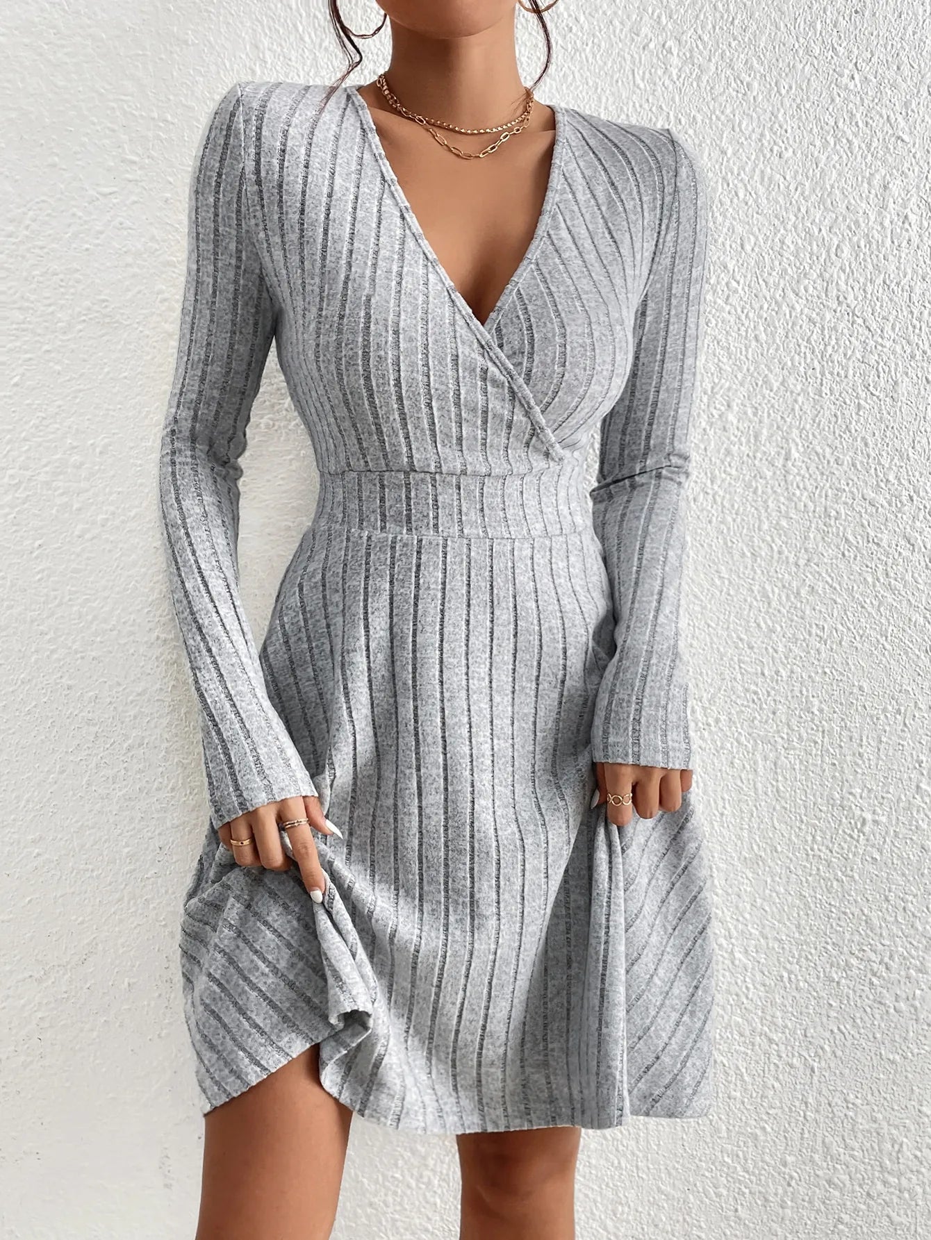 Autumn/Winter V-Neck Knit Bodycon Dress