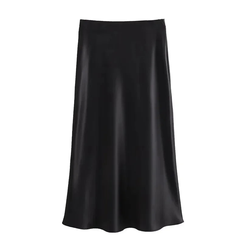 SilkCharm-High-Waist Satin Midi Skirt