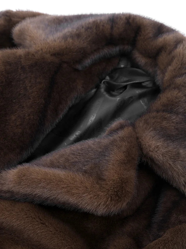 PlushElegance-Women's Dark Brown Faux Fur Overcoat