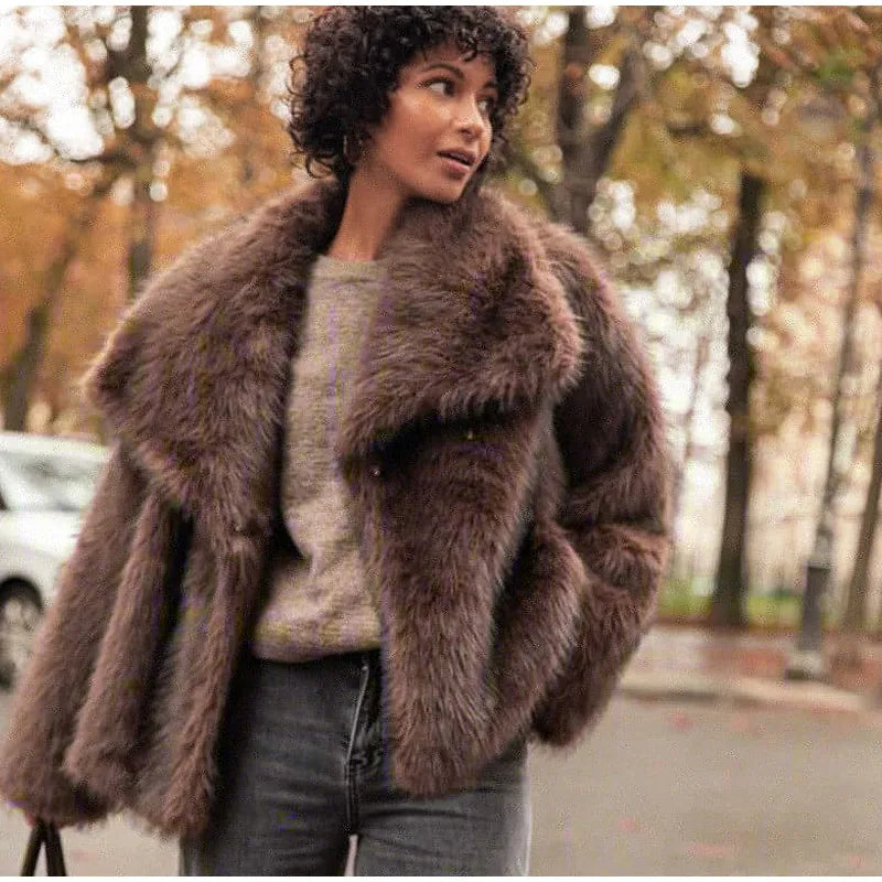 PlushElegance-Women's Dark Brown Faux Fur Overcoat