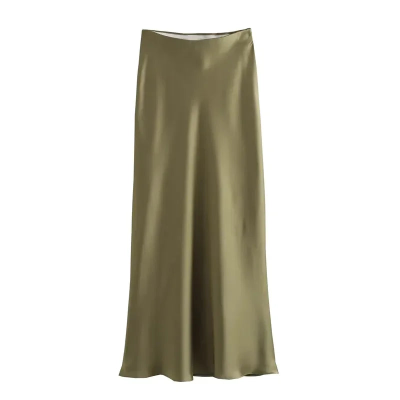 SilkCharm-High-Waist Satin Midi Skirt