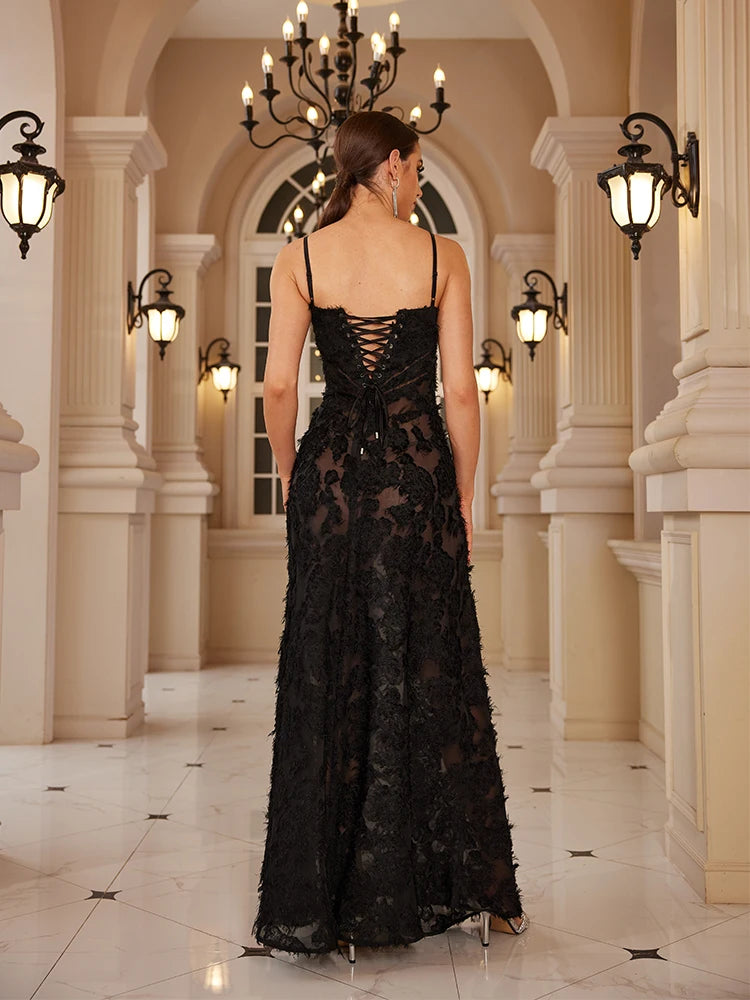 Elegance in Motion: Black Maxi Appliqué Formal Party Dress for Women