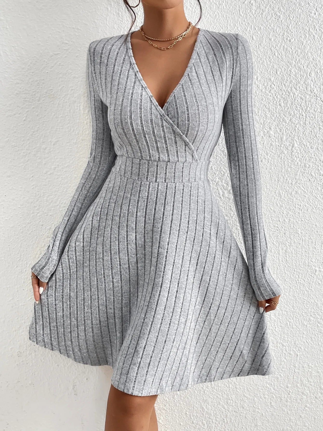 Autumn/Winter V-Neck Knit Bodycon Dress
