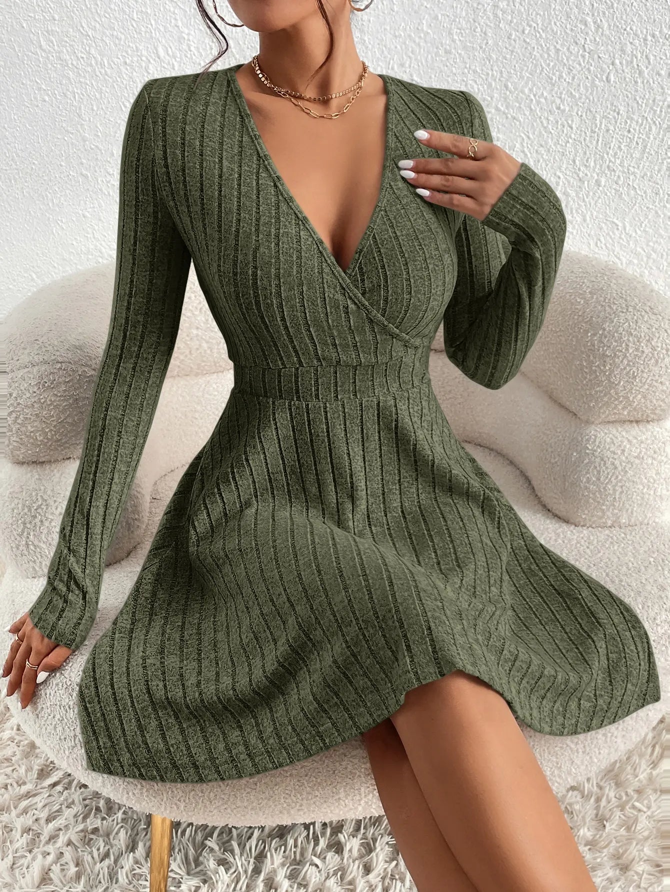 Autumn/Winter V-Neck Knit Bodycon Dress