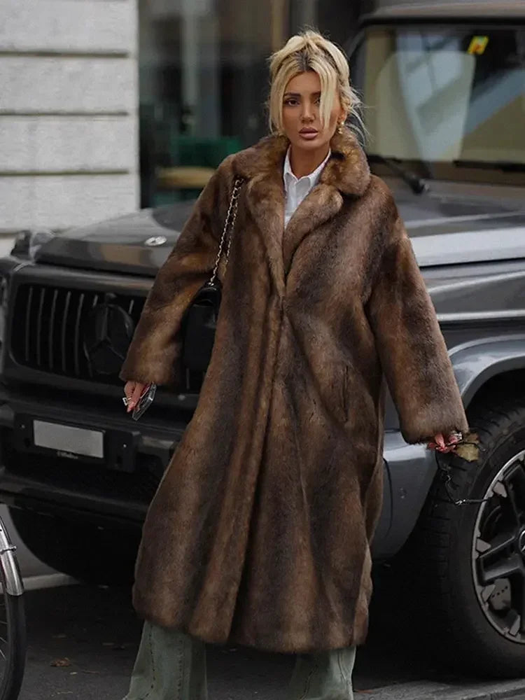 PlushElegance-Women's Dark Brown Faux Fur Overcoat