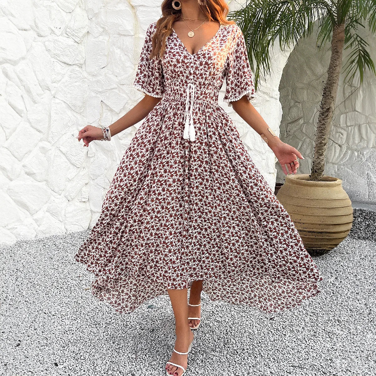 Velvet Bloom V-neck Pleated Boho Dress