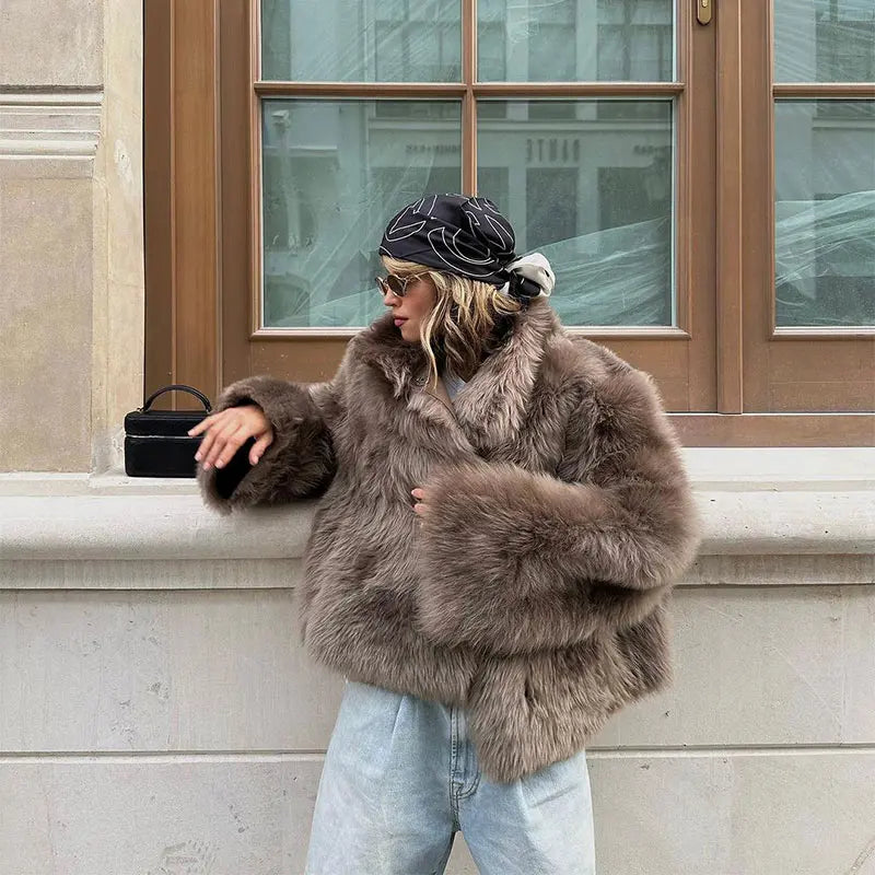 PlushElegance-Women's Dark Brown Faux Fur Overcoat