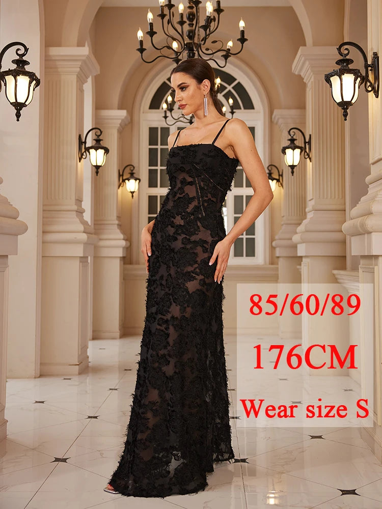 Elegance in Motion: Black Maxi Appliqué Formal Party Dress for Women