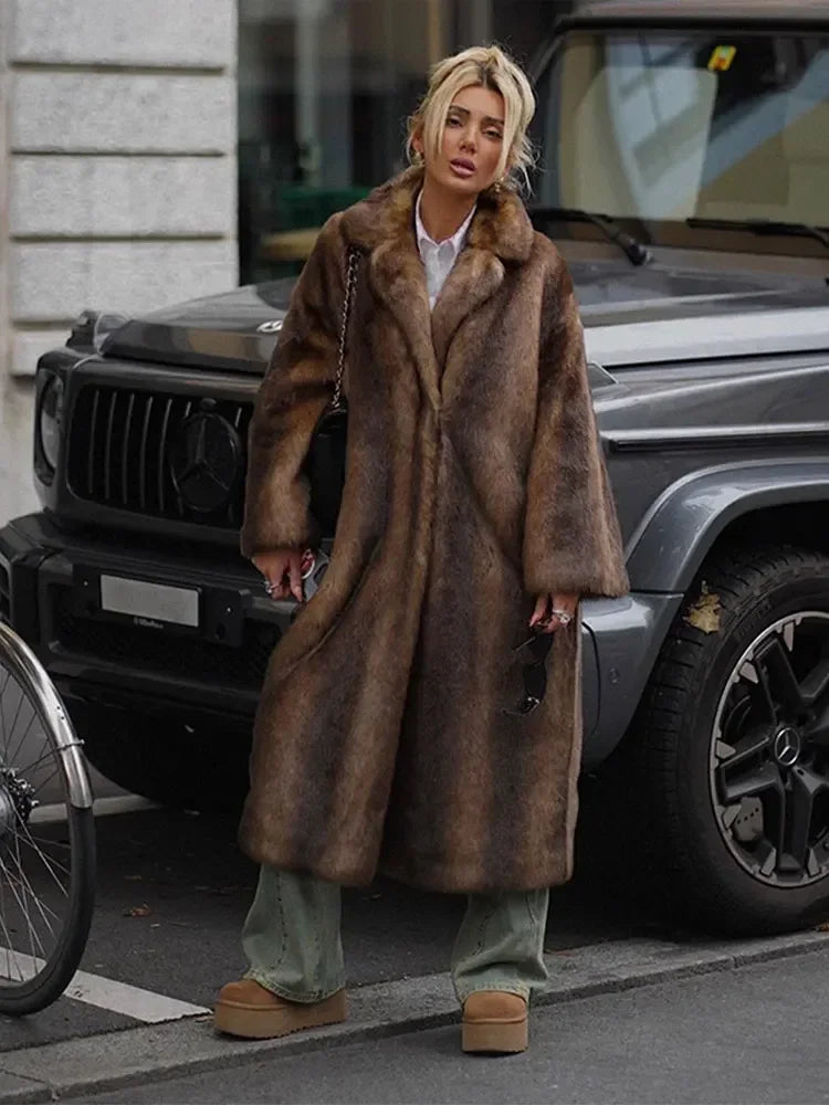 PlushElegance-Women's Dark Brown Faux Fur Overcoat