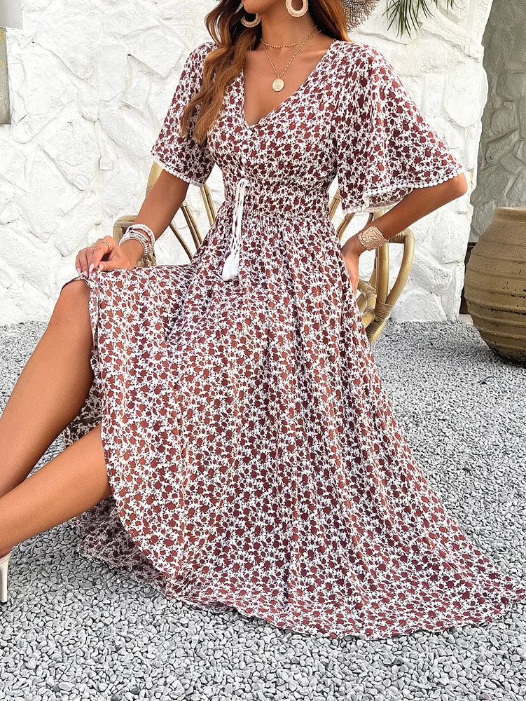 Velvet Bloom V-neck Pleated Boho Dress