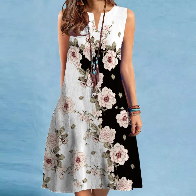 Vivid Vibes European-Inspired Sleeveless V-Neck Print Maxi Dress