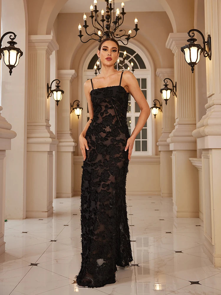 Elegance in Motion: Black Maxi Appliqué Formal Party Dress for Women