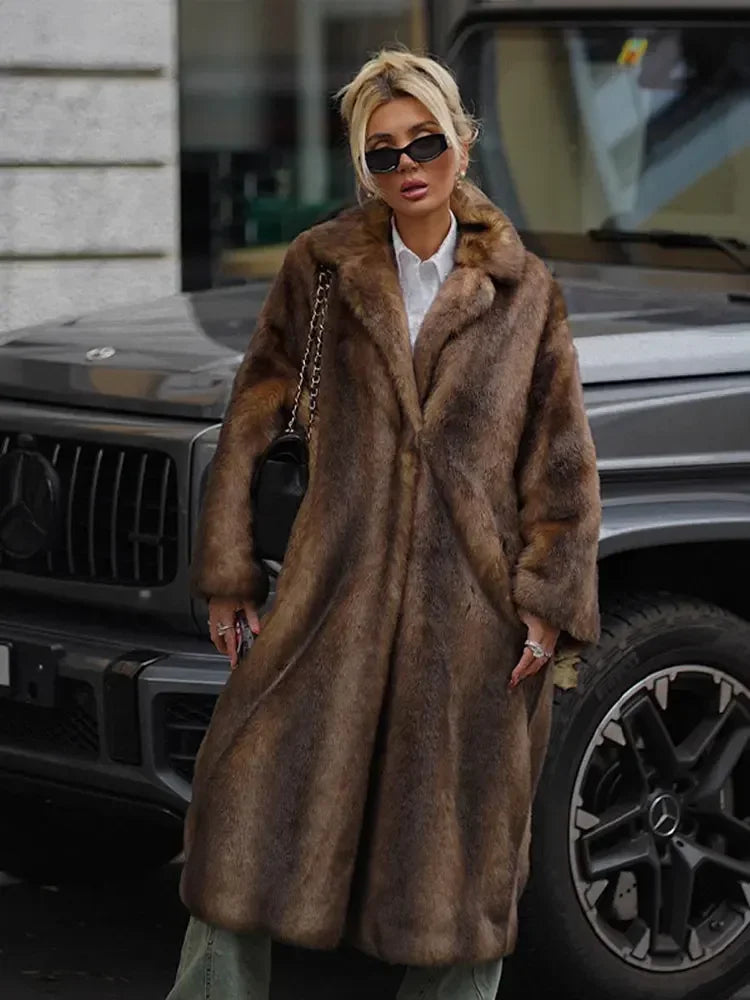 PlushElegance-Women's Dark Brown Faux Fur Overcoat