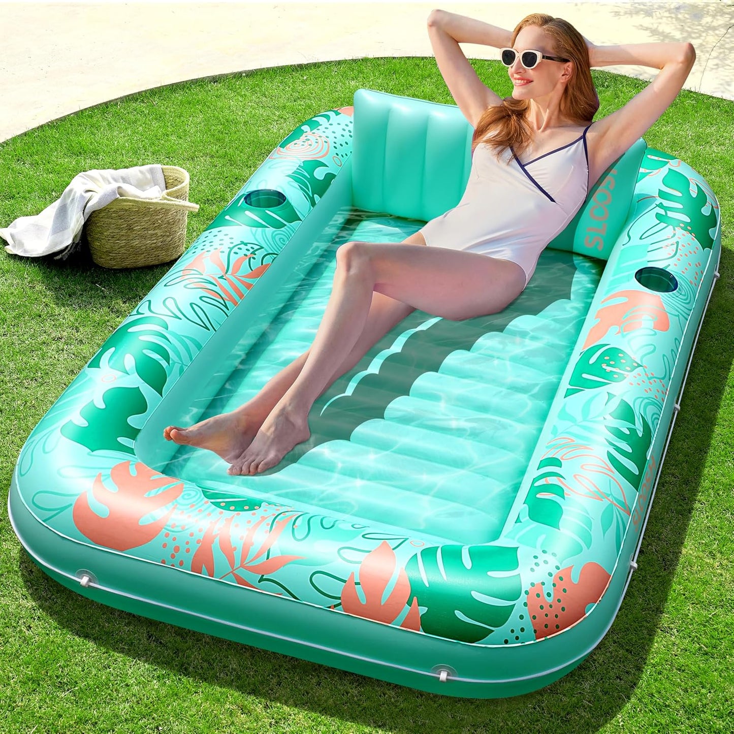 SunLuxe 4-in-1 Inflatable Tanning Pool Lounger – XL Floating Lounge Bed with Pillow, Party-Ready & Poolside Perfect