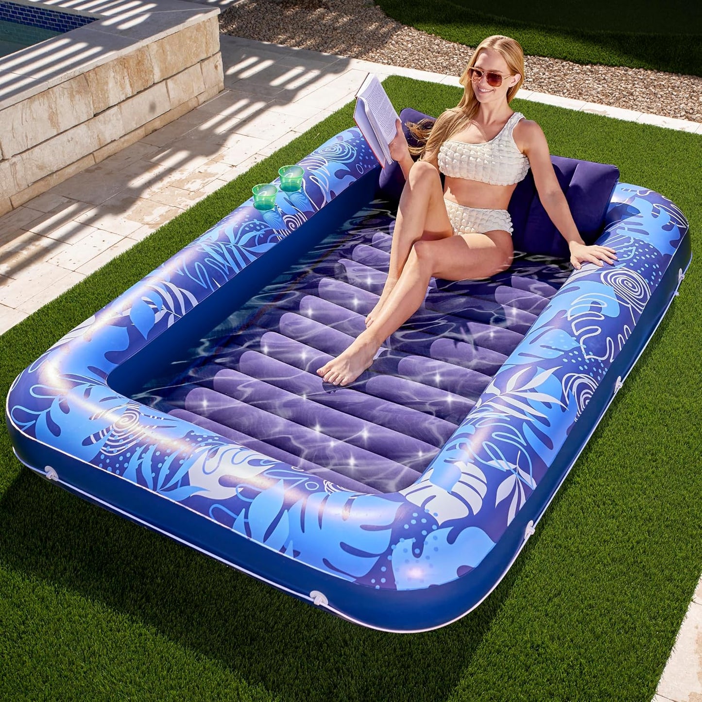 SunLuxe 4-in-1 Inflatable Tanning Pool Lounger – XL Floating Lounge Bed with Pillow, Party-Ready & Poolside Perfect