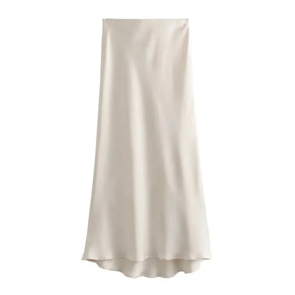 SilkCharm-High-Waist Satin Midi Skirt