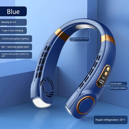 AeroGlow™ Leafless Neck Fan – USB Rechargeable, Silent Cooling with LED Display & 5-Speed Breeze Control