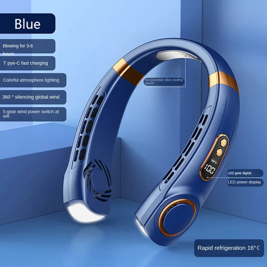 AeroGlow™ Leafless Neck Fan – USB Rechargeable, Silent Cooling with LED Display & 5-Speed Breeze Control