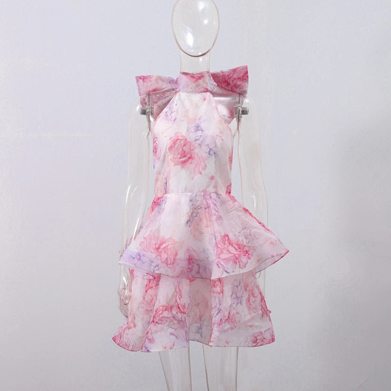 BloomMuse™ – 2025 Backless Ruffle Halter Dress with Floral Print & Lace-Up Elegance