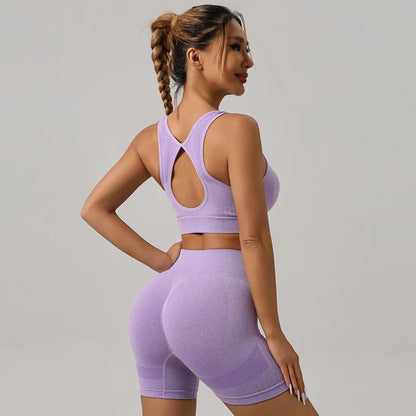 SculptAura Seamless Workout Set – Hollow-Back Bra & CurveLift Shorts