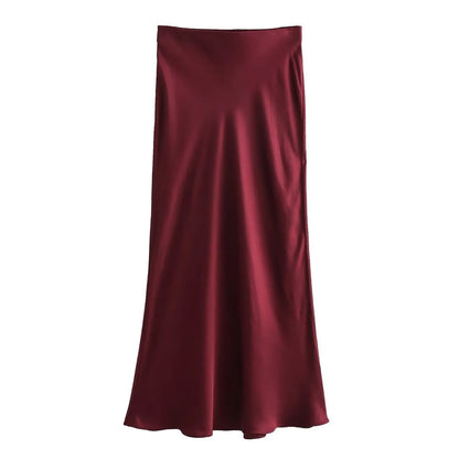 SilkCharm-High-Waist Satin Midi Skirt