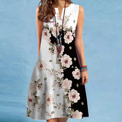 Vivid Vibes European-Inspired Sleeveless V-Neck Print Maxi Dress
