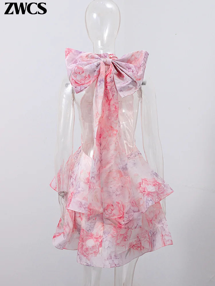 BloomMuse™ – 2025 Backless Ruffle Halter Dress with Floral Print & Lace-Up Elegance