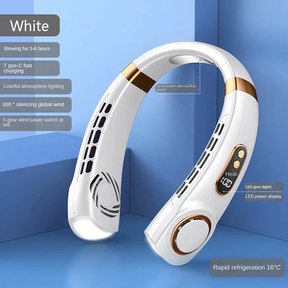 AeroGlow™ Leafless Neck Fan – USB Rechargeable, Silent Cooling with LED Display & 5-Speed Breeze Control