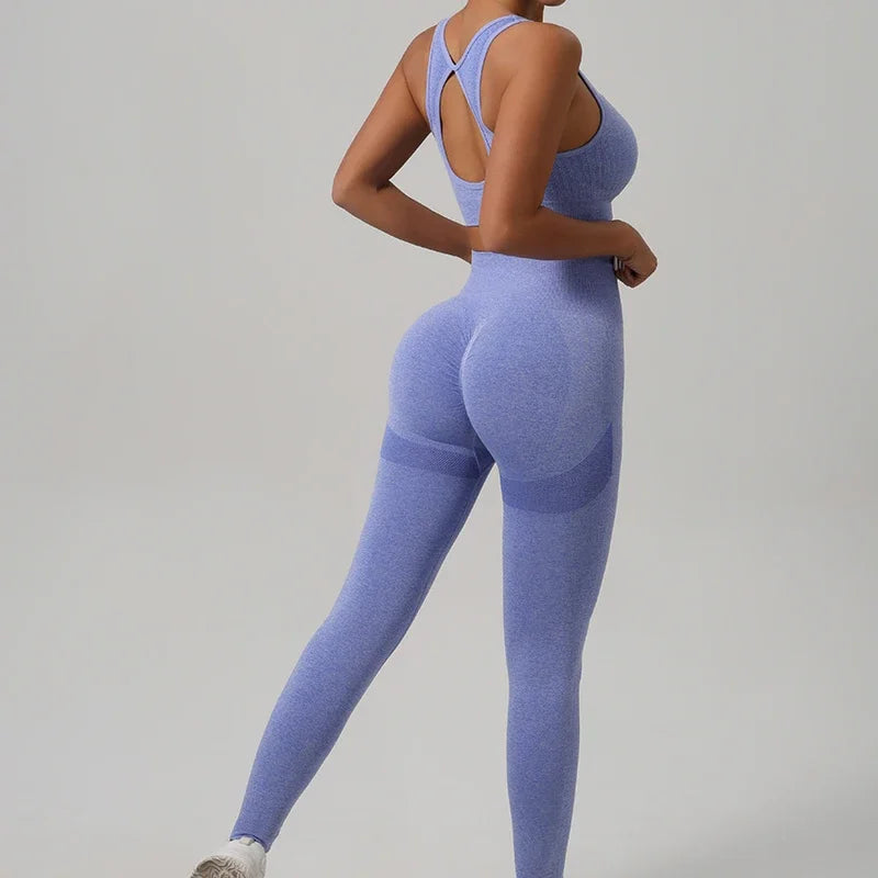 FlexSculpt 2-Piece Seamless Workout Set – Push-Up Leggings & Hollow-Back Fitness Bra