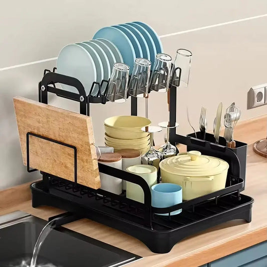 DualFlow 2-Tier Dish Drying & Storage Rack with Drainboard