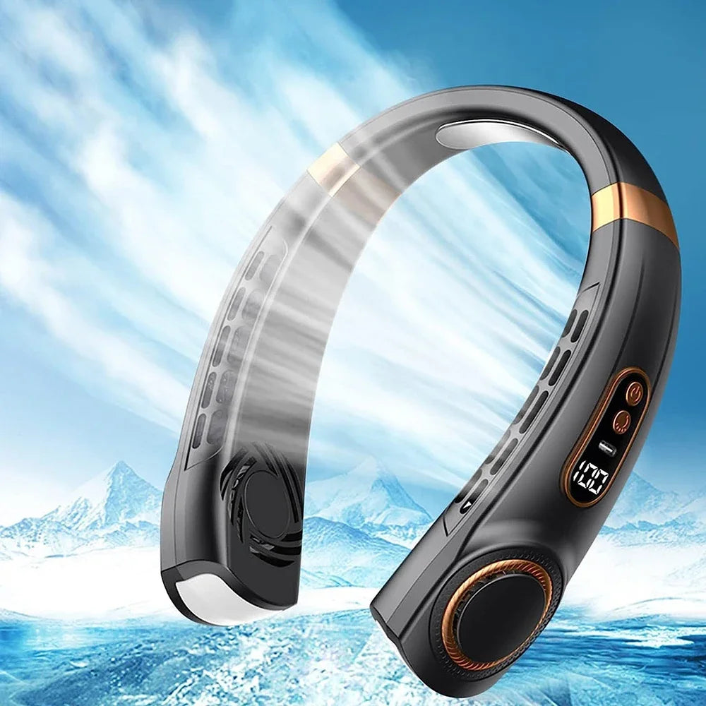 AeroGlow™ Leafless Neck Fan – USB Rechargeable, Silent Cooling with LED Display & 5-Speed Breeze Control