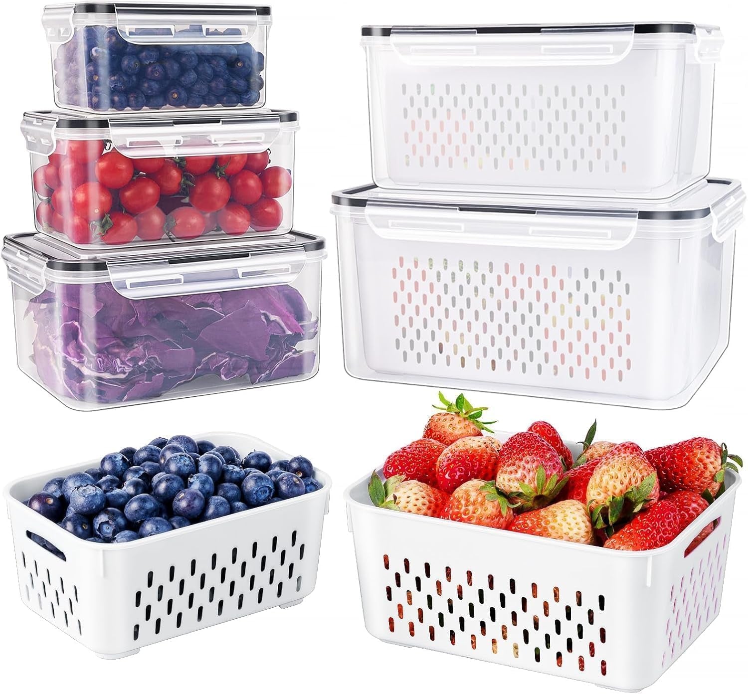 FreshLock™ 5-Piece Fruit & Produce Saver Set – Leakproof Fridge Storage with Built-In Colanders